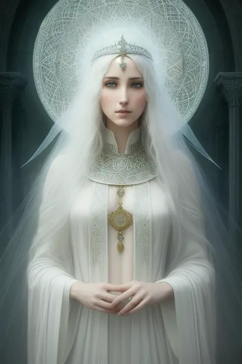very beautiful white priestess woman , old celtic temple background,, long lightamber hair and light honey eyes, intense look , ...
