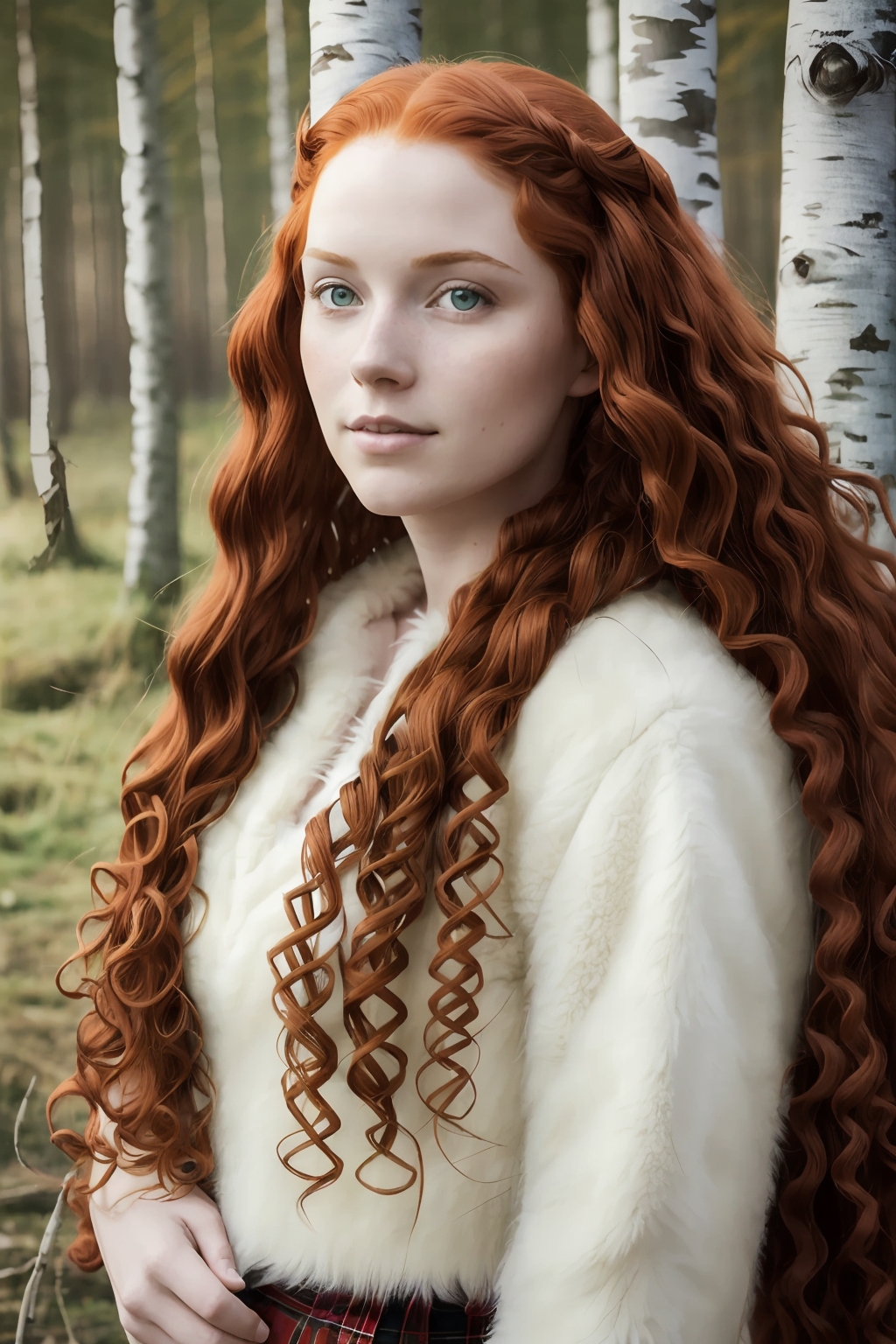 A close up of a woman with long red hair in a forest - SeaArt AI