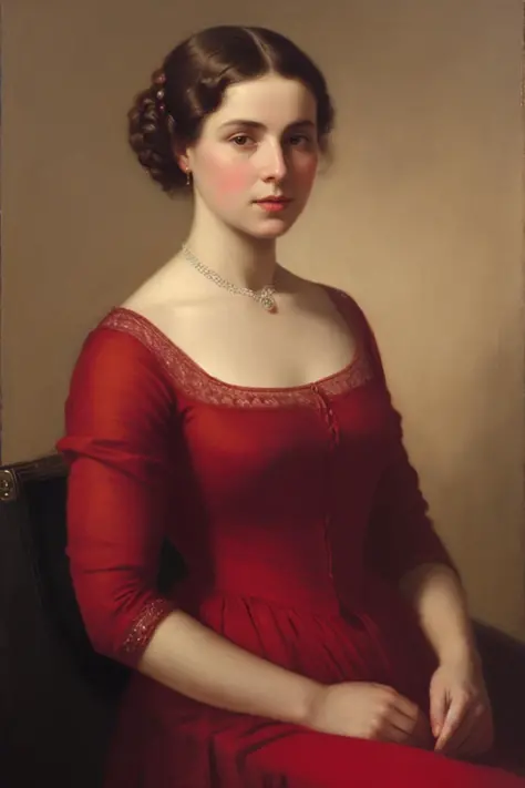 a painting of a woman in a red dress, inspired by Ditlev Blunck, trending on artforum, soft light, young woman in her 20s, classic hairstyle, by Constance Gordon-Cumming, inspired by Henry Macbeth-Raeburn, highly detailed and hypnotic, edward okun