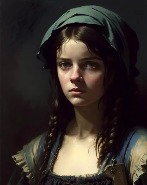 A portrait of poor 14y old peasant girl, in old used 1800 peasant clothing , crazy mad aggressive face and eyes, fantasy, concep...