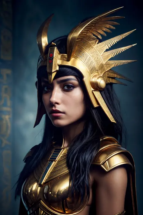 1girl,mature, warrior of  horus, royal makeups,  futuristic Egypt, bird head helmet, robe , glowing armor ,  full body
  solo, d...