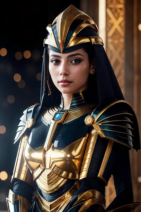 1girl,mature,  queen, royal makeups,  futuristic Egypt, glowing armor , helmet of Horus , sitting 
  solo, dark space, dim light...