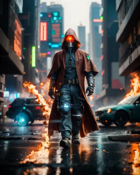 wide-angle photo of a cyberpunk (wizard:1.2) in a worn and tarnished mech suit, intricate, (steel metal [rust]), striding across...