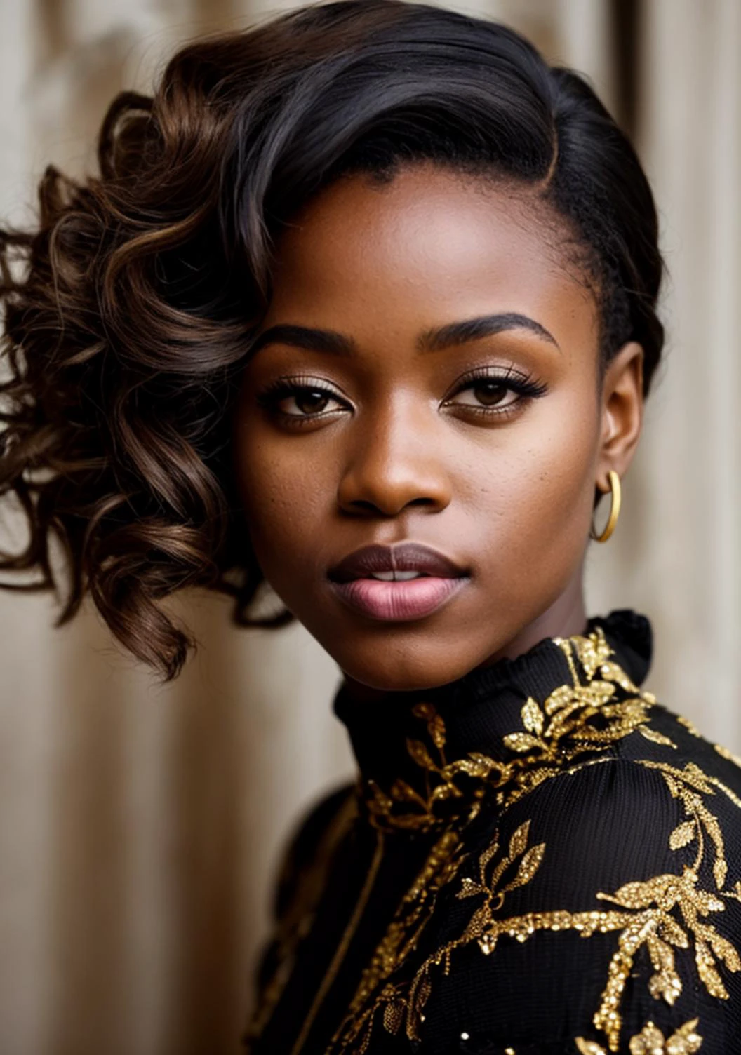 foto de una mujer negra con un vestido negro y dorado, Pelo castaño, (8k hd:1.1), (grano de la película:1.1), (foto en bruto:1.1), Resolución completa, piel muy detallada, cabello detallado, DSLR, enfoque nítido, alta definición, fotografía de alta calidad, Intrincado