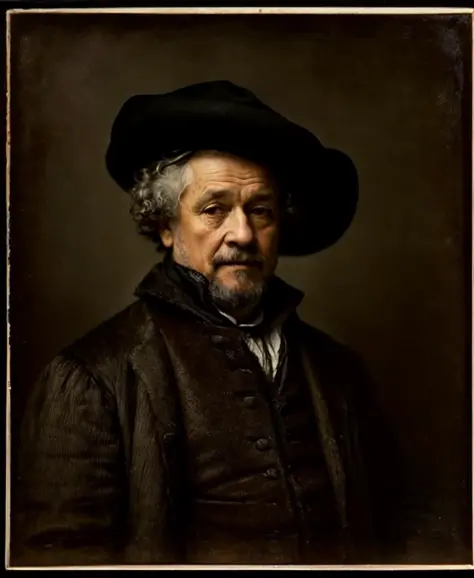 portrait photo of Rembrandt, middle aged man wearing a black hat, greying, brown jacket, photo studio, (8k UHD:1.1), (film grain:1.1), (raw photo:1.1), full resolution, highly detailed skin, detailed hair, dslr, sharp focus, high definition, high quality photography, intricate