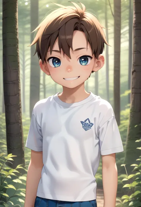 a boy in a white shirt standing in the woods