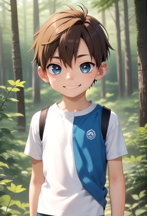 score_9, score_8_up, score_7_up, detailed eyes, forest, BREAK
straight on shot, standing,  <lora:PerfectEyesXL:0.8> perfecteyes,
 <lora:cutifiedanimecharacterdesign_variant_type_D_PonyXL_v10:0.8> 1boy, type-d,brown hair, shirt,  petite, young,
 smile || bright smile,
full shot,bagpack