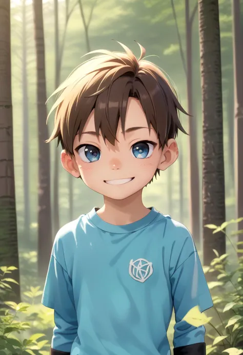 a boy with blue eyes standing in the woods