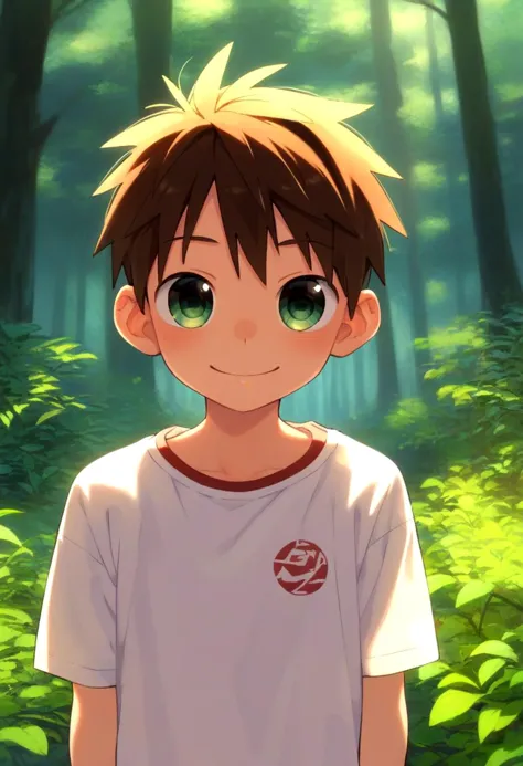 a boy with green eyes standing in a forest with trees