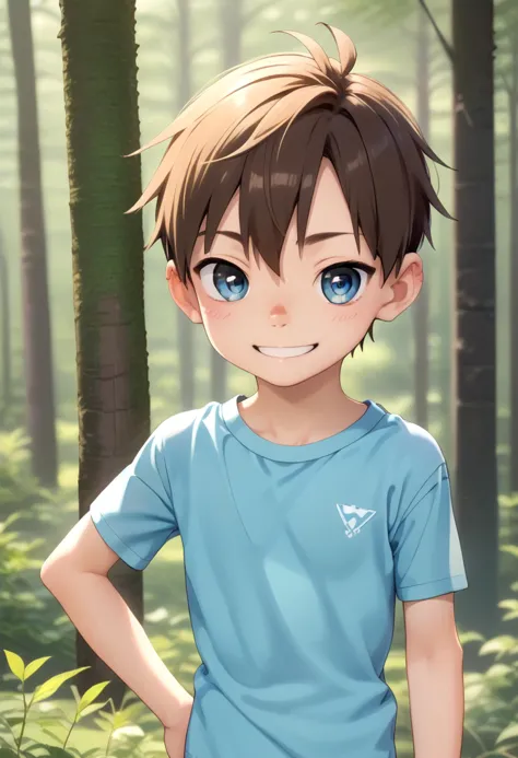 a cartoon boy in a blue shirt standing in a forest