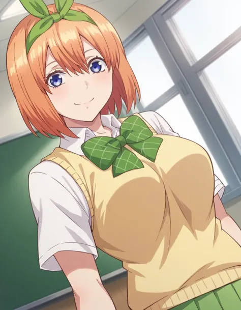 anime girl in school uniform with green bow and yellow shirt