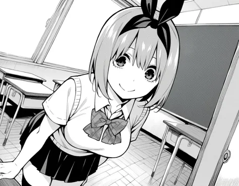 anime girl in a school uniform standing in front of a blackboard