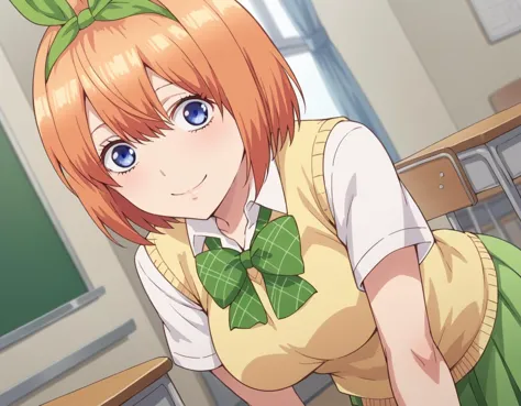 anime girl in school uniform leaning on desk with green bow