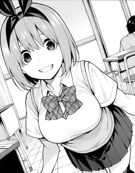 anime girl in school uniform posing for camera in classroom