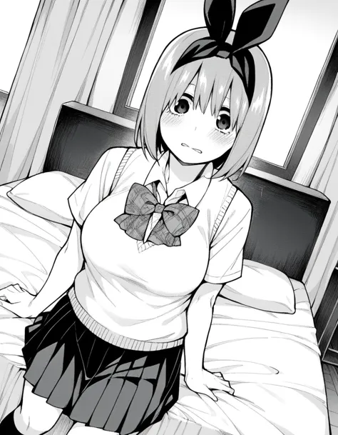 anime girl in a school uniform sitting on a bed