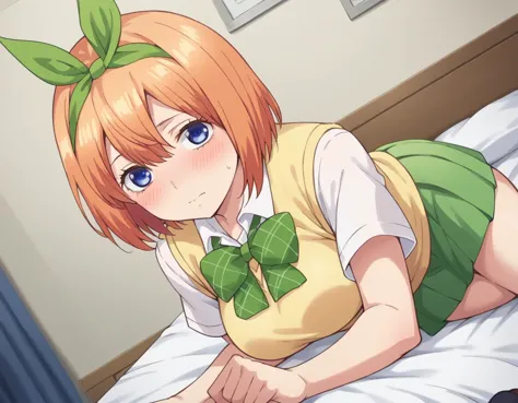 anime girl laying on bed with green bow tie and yellow shirt