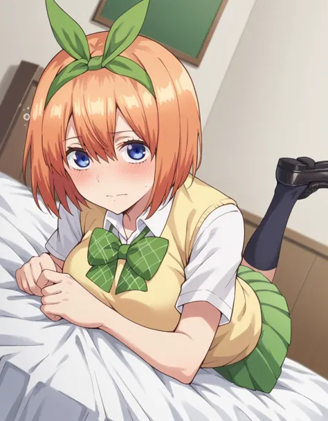 anime girl laying on bed with green bow tie and green shirt