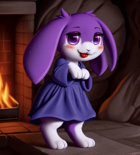 a close up of a cartoon bunny standing in front of a fire place