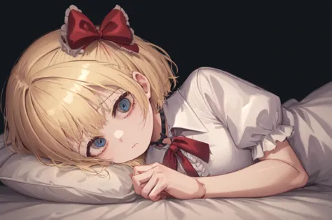 anime girl laying on a bed with a red bow on her head