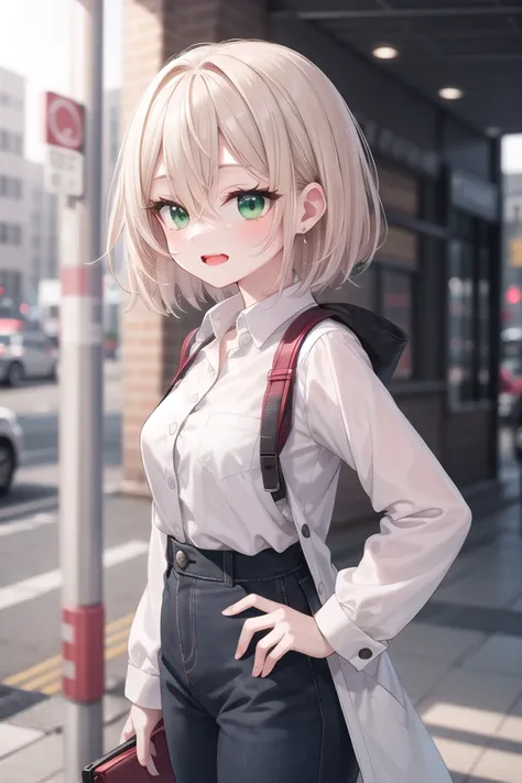 anime girl with blonde hair and green eyes standing on a sidewalk