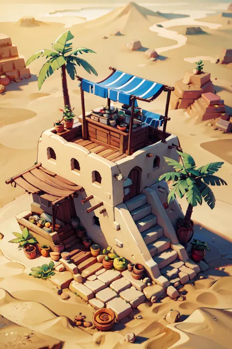 a close up of a small house on a desert with a palm tree