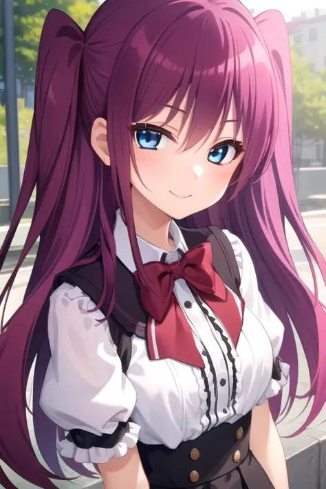 anime girl with long purple hair and a bow tie