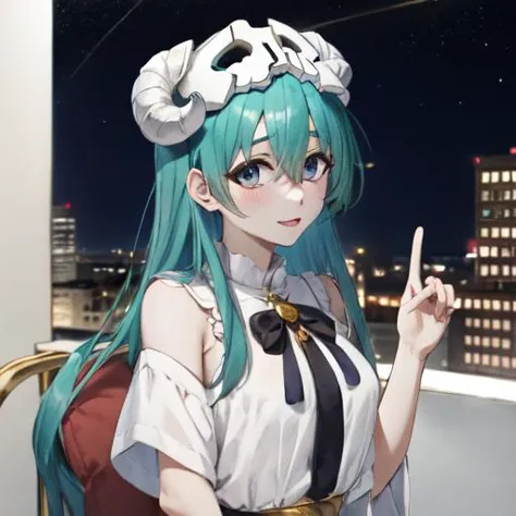 anime girl with blue hair and a white shirt sitting on a chair