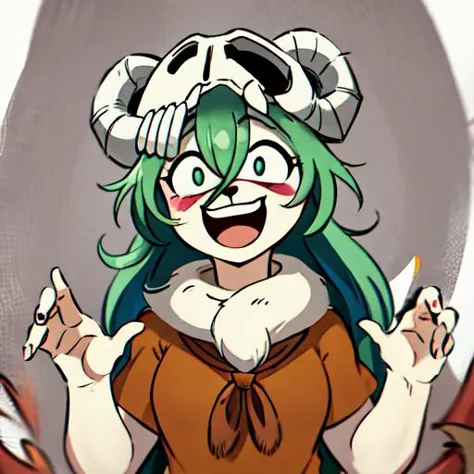 anime girl with green hair and a panda hat on