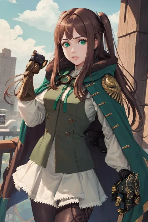 a woman in a green coat and white dress holding a gun