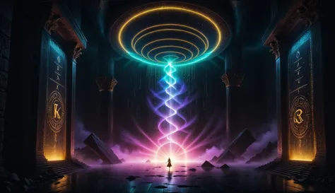 Alien-themed (((Ultra-detailed, Hyper-realistic, 8k, highres, masterpiece)))A singular entity castin shadow and silhouette,in front of a Gigantic dimensional portal,the neon vortex pulsating with energy and mysteries,2 large ornate pillars either side,with runic symbols carved and etches into their black obsidian face, a bio-luminecance waterwall cascading down. Light emanating from the singularity created,lighting the room with dancing shadows.,<lora:add-detail-xl:1>,Details++,<lora:Concept - Shadowmancer:0.6>,shad0wmancer,ink,(swirling black ink),<lora:GlowingRunesAIv4:1>,GlowingRunes_red,GlowingRunes_paleblue,GlowingRunes_green,GlowingRunes_purple,GlowingRunes_yellow,GlowingRunes_pink,<lora:spotlight:0.8>,silhouette,spotlight,dark theme,<lora:destruction_XL:0.8>,ruined,collapsed,flooded,desolate,disrepair,<lora:akirabikev0.2:0.8>, akirabike, . Extraterrestrial, cosmic, otherworldly, mysterious, sci-fi, highly detailed