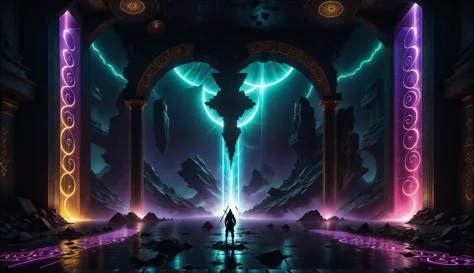 Alien-themed (((Ultra-detailed, Hyper-realistic, 8k, highres, masterpiece)))A singular entity castin shadow and silhouette,in front of a gigantic dimensional portal,the neon vortex pulsating with energy and mysteries,2 large ornate pillars either side,with runic symbols carved and etches into their black obsidian face,a bio-luminecance waterwall cascading down,as the void calls to you to delve deeper. The singularity radiating light around the room,casting a strange glow,<lora:add-detail-xl:1>,Details++,<lora:Concept - Shadowmancer:0.6>,shad0wmancer,ink,(swirling black ink),<lora:GlowingRunesAIv4:1>,GlowingRunes_red,GlowingRunes_paleblue,GlowingRunes_green,GlowingRunes_purple,GlowingRunes_yellow,GlowingRunes_pink,<lora:spotlight:0.8>,silhouette,spotlight,dark theme,<lora:destruction_XL:0.8>,ruined,collapsed,flooded,desolate,disrepair,<lora:akirabikev0.2:0.8>,akirabike, . Extraterrestrial, cosmic, otherworldly, mysterious, sci-fi, highly detailed