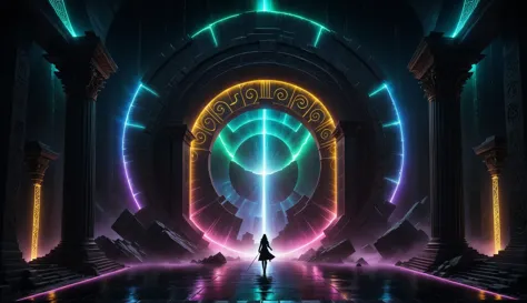 a woman stands in front of a neon portal with a light shining through it