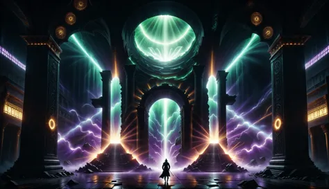 Alien-themed (((Ultra-detailed, Hyper-realistic, 8k, highres, masterpiece)))A singular entity cast in shadow and silhouette in front of a gigantic dimensional gateway,the neon vortex pulsating with energy and mysteries,large ornate pillars either side,with runic symbols carved and etches into their black obsidian face,a bio-luminecance waterwall cascading down as the void calls to you to delve deeper. The singularity radiating light around the room casting a strange glow,a low level mist surrounds the air,<lora:add-detail-xl:1>,Details++,<lora:Concept - Shadowmancer:0.6>,shad0wmancer,ink,(swirling purple ink),<lora:GlowingRunesAIv4:1>,GlowingRunes_red,GlowingRunes_paleblue,GlowingRunes_green,GlowingRunes_purple,GlowingRunes_yellow,GlowingRunes_pink,<lora:spotlight:0.8>,silhouette,spotlight,dark theme,<lora:destruction_XL:0.8>,ruined,collapsed,flooded,desolate,disrepair,<lora:akirabikev0.2:0.8>,akirabike,<lora:ral-sprnva:0.8>,ral-sprnva, . Extraterrestrial, cosmic, otherworldly, mysterious, sci-fi, highly detailed