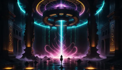 Alien-themed (((Ultra-detailed, Hyper-realistic, 8k, highres, masterpiece)))A singular entity castin shadow and silhouette,in front of a Gigantic dimensional portal,the neon vortex pulsating with energy and mysteries,2 large ornate pillars either side,with runic symbols carved and etches into their black obsidian face,a bio-luminecance waterwall cascading down. Light emanating from the singularity created,lighting the room with dancing shadows.,<lora:add-detail-xl:1>,Details++,<lora:Concept - Shadowmancer:0.6>,shad0wmancer,ink,(swirling black ink),<lora:GlowingRunesAIv4:1>,GlowingRunes_red,GlowingRunes_paleblue,GlowingRunes_green,GlowingRunes_purple,GlowingRunes_yellow,GlowingRunes_pink,<lora:spotlight:0.8>,silhouette,spotlight,dark theme,<lora:destruction_XL:0.8>,ruined,collapsed,flooded,desolate,disrepair,<lora:akirabikev0.2:0.8>,akirabike, . Extraterrestrial, cosmic, otherworldly, mysterious, sci-fi, highly detailed