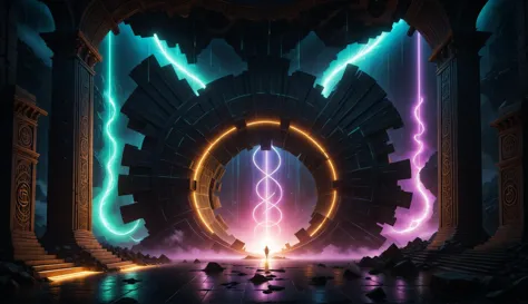 a man standing in front of a giant portal with neon lights