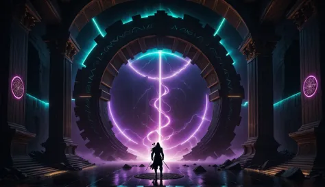 a man stands in front of a large circular structure with neon lights