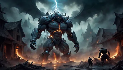 ethereal fantasy concept art of  (((Ultra-detailed, Hyper-realistic, 8k, highres, masterpiece,))),<lora:XL_boss_battle:0.6>,Bosstyle,dark fantasy art style,Mage fighting a giant fantasy monster,burned village in background,highly detailed,Night,(mystical dense fog),epic scene,(dense smoke by Kim Keever),dark,moody,dark fantasy in style of Frank Frazetta,. magnificent,celestial,ethereal,painterly,epic,majestic,magical,fantasy art,cover art,dreamy,kkw-el-Lightning,kkw-el-fire,S,<lora:Biol:0.8>,ais-blmn,<lora:,<lora:add-detail-xl:1>,,,,, ,,<lora:BIOMECHA:0.8>,, bio mecha, muscle, muscle tissue, ,<lora:destruction_XL:0.8>, destruction, ruined, collapsed, flooded,