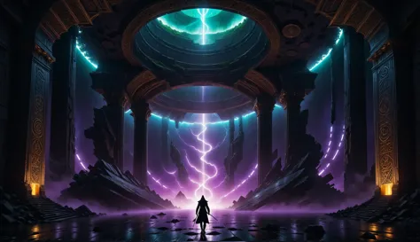 Alien-themed (((Ultra-detailed, Hyper-realistic, 8k, highres, masterpiece)))A singular entity castin shadow and silhouette,in front of a gigantic dimensional portal,the neon vortex pulsating with energy and mysteries,2 large ornate pillars either side,with runic symbols carved and etches into their black obsidian face,a bio-luminecance waterwall cascading down,as the void calls to you to delve deeper. The singularity radiating light around the room,casting a strange glow,<lora:add-detail-xl:1>,Details++,<lora:Concept - Shadowmancer:0.6>,shad0wmancer,ink,(swirling black ink),<lora:GlowingRunesAIv4:1>,GlowingRunes_red,GlowingRunes_paleblue,GlowingRunes_green,GlowingRunes_purple,GlowingRunes_yellow,GlowingRunes_pink,<lora:spotlight:0.8>,silhouette,spotlight,dark theme,<lora:destruction_XL:0.8>,ruined,collapsed,flooded,desolate,disrepair,<lora:akirabikev0.2:0.8>,akirabike, . Extraterrestrial, cosmic, otherworldly, mysterious, sci-fi, highly detailed