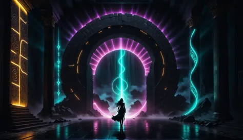 a woman standing in front of a neon portal with a light shining through it