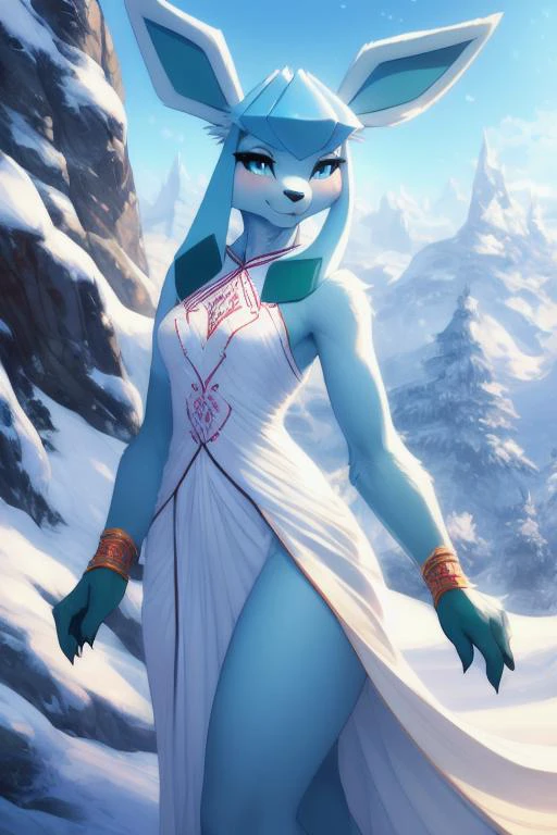 uploaded on e621, explicit content, 3d:0.4, (bastika, cutesexyrobutts, hioshiru), (furry, anthro:1.2), female, solo, glaceon, confident expression, big ears, young, tall, tall female, long legs, toned, curvaceous, hand on hip, 
detailed hands, beautiful hands, 
((best quality)), ((masterpiece)), ((extremely detailed)), (perfect composition), illustration, high-res, prefect lighting, absurdres, uncreditable absurdres, sole, full body, long white cheongsam, sideboob, side slit, sideboob, skin tight, pelvic curtain, thigh gap, (white long dress:1.2), explicit, sexy, side slit, very long tabard, looking at viewer, bare shoulders,  (silver cheongsam embroidery), (silver Chinese pattern), (silver pattern), accessories, jewelry, bracelets,
detailed blue eyes, beautiful blue eyes,
masterpiece, (solo), bent forward, looking up, furry girl, reflective eyes, detailed and extremely fluffy body fur, blushing, fangs, claws, glossy fur, 
furrycore, snowscape, blue sky, sunshine, frontal light, volumetric light, in the sunlight, highly_detailed_face, symmetrical_eyes, cinematic composition, hi res, 8k, cinematic lighting, stunningly beautiful, concept art, highly detailed, masterpiece, best quality, realistic, (intricate:0.9), (high detail:1.4), film photography, sharp focus,