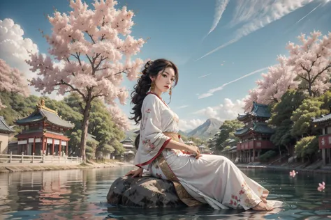 1girl, solo, full body, from below, from side, Fisheye lens, above clouds, sitting on wall, looking at viewer, long hair, floating hair, brown hair, hair ornament, white dress chinese clothes, long sleeves, wide sleeves, see-through sleeves, earrings, sky, cloudy sky, cloud, water, reflective water, cherry blossoms, falling petals, east asian architecture, pagoda, mountain, <lora:anxiang:0.55> <lora:woshimadai_frombelow_V1.2:0.3> <lora:more_details:0.3>