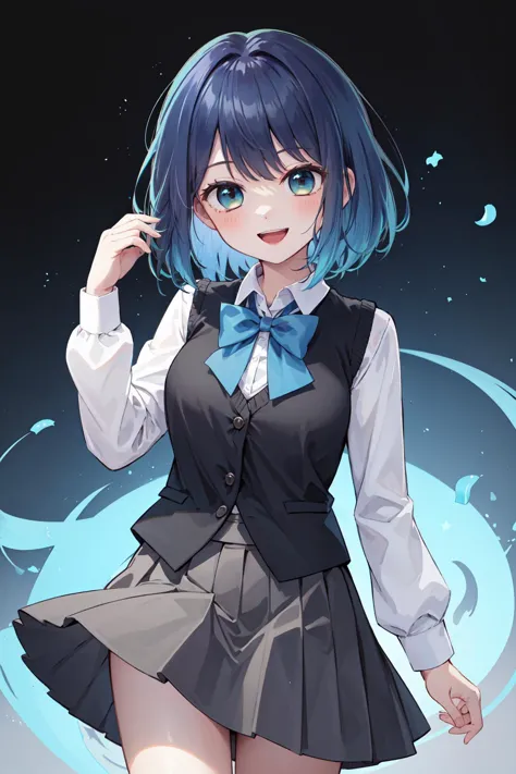 anime girl with blue hair and a black vest and skirt