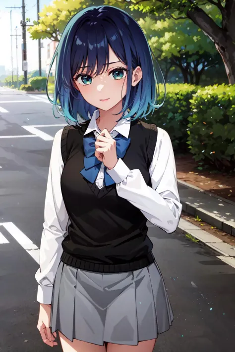 masterpiece, best quality, highres, 1girl, hmakane, blue hair, short hair, gradient hair, medium breasts, blue bowtie, collared shirt, black vest, long sleeves, pleated skirt, grey skirt, <lora:kurokawa_akane_v1:0.8>, cowboy shot, standing, outdoors,