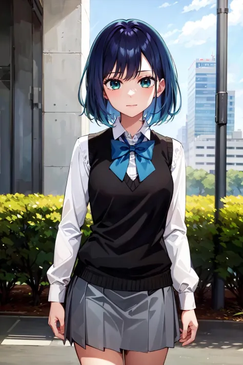 masterpiece, best quality, highres, 1girl, hmakane, blue hair, short hair, gradient hair, medium breasts, blue bowtie, collared shirt, black vest, long sleeves, pleated skirt, grey skirt, <lora:kurokawa_akane_v1:0.8>, cowboy shot, standing, outdoors,