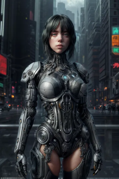 a woman in a futuristic suit standing in the middle of a city