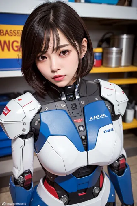 <lora:gundamChilloutMix_v1:0.8>, (wearing robot armor), (white, red and blue armor), <lora:cuteKoreanGirlLora_cuteKoreanGirlLora...