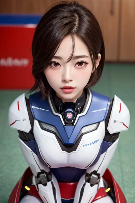 a close up of a woman in a futuristic suit sitting on a floor