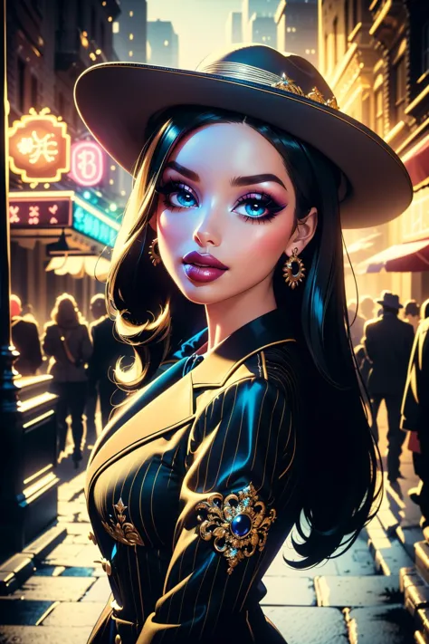 ((best quality)), ((masterpiece)), (intricate details, hyperdetailed:1.15), 35mm, bokeh, (perfect face, highest detailed face), (cowboy shot, mid-angle shot), fashion photography of bratz, lips, large breasts, beautiful, makeup, mascara, lip gloss, perfect eyes, long eyelashes, long hair, wearing a pinstripe suit, 50's style fashion, hat, looking at viewer, 8k, shiny, glow, (bloom), beautiful girl, photoshoot, in a dark city street, neon lights, bubblegumnoirstyle, 