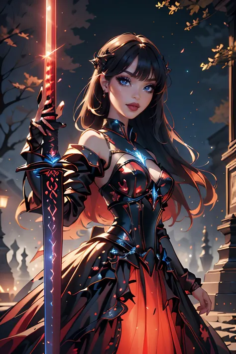 a woman in a red dress holding a sword in front of a castle