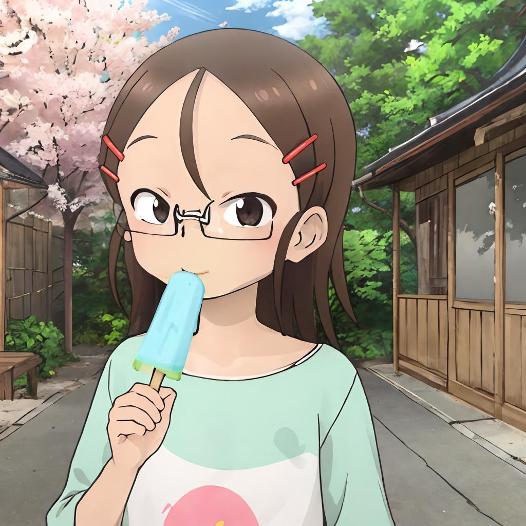 Anime girl with glasses holding a popsicle in front of her face - SeaArt AI